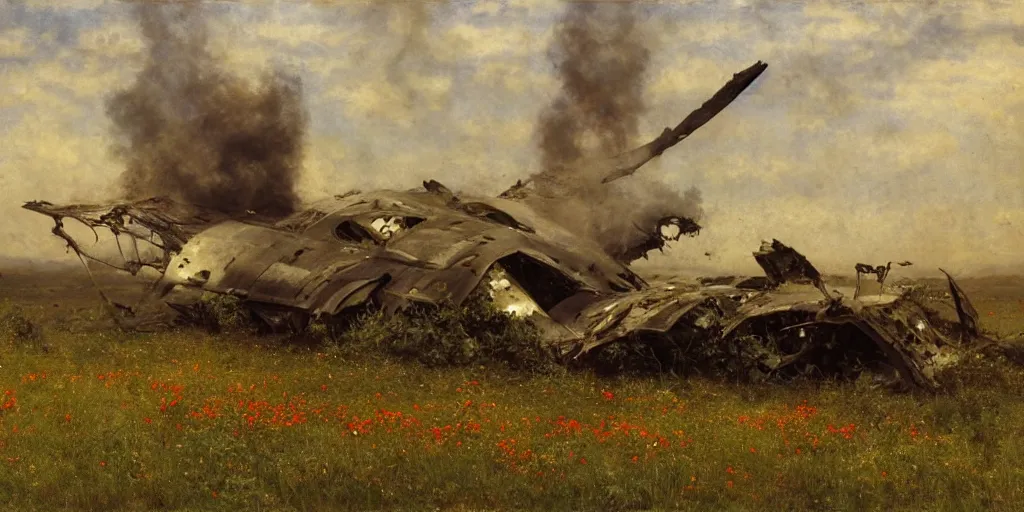 Prompt: wreckage of a crashed spaceship in a field of wildflowers, fire and smoke, moody lighting, low angle, wide angle, close-up, very detailed, by Jules Bastien-Lepage and Albert Bierstadt