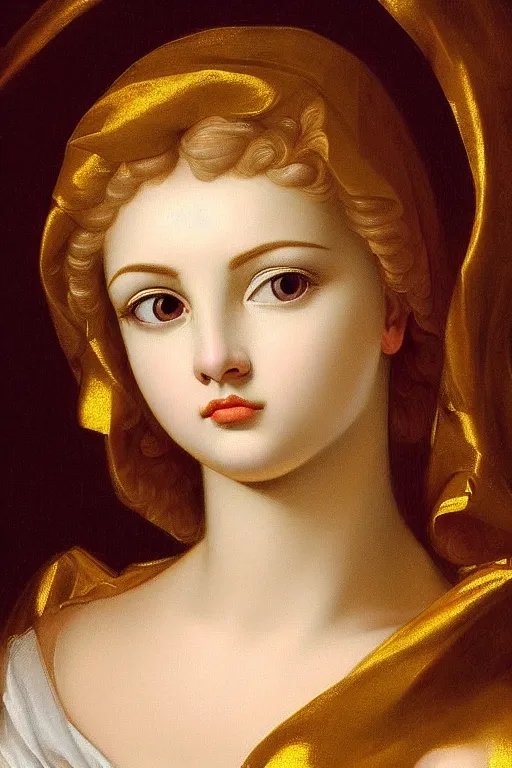 Image similar to Beautiful girl, calm face, closeup, ultra detailed, made in gold, Guido Reni style