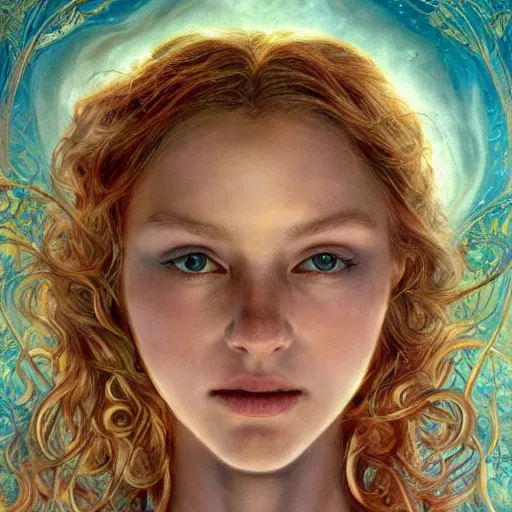 Image similar to realistic detailed face portrait of heaven by emilia dziubak, will terry, greg olsen, chris mars, ann long, and mark brooks, fairytale, female, feminine, art nouveau, illustration, character concept design, storybook layout, story board format