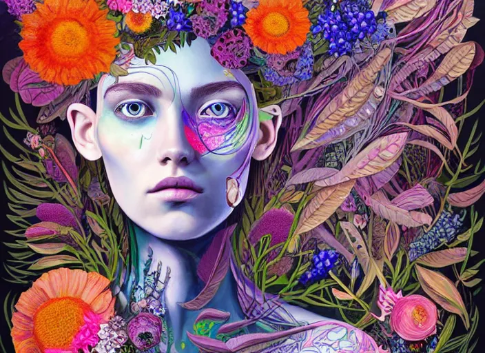 Image similar to a painting of a beautiful cyborg girl with a lot of flowers and blueberries and exotic plants on its head, poster art by android jones, behance contest winner, generative line art, made of flowers, grotesque, concert poster