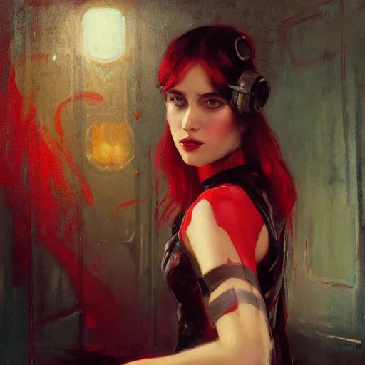 Image similar to Solomon Joseph Solomon and Richard Schmid and Jeremy Lipking victorian genre painting portrait painting of a young beautiful woman retro noir cyberpunk future hacker punk rock in fantasy costume, red background