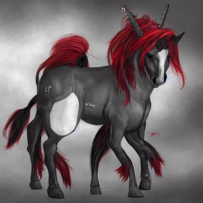 Image similar to Fallout Equestria Project Horizons | Blackjack Character Fanart | White MLP Unicorn Mare with red and black shaggy hair, and bright, robotic eyes. | Cutie Mark is: Ace and Queen of Spades | Trending on ArtStation, Digital Art, MLP Fanart, Fallout Fanart | Blackjack sitting and looking depressed at the viewer | Hyperrealistic CGI Photorealistic Cyborg Unicorn