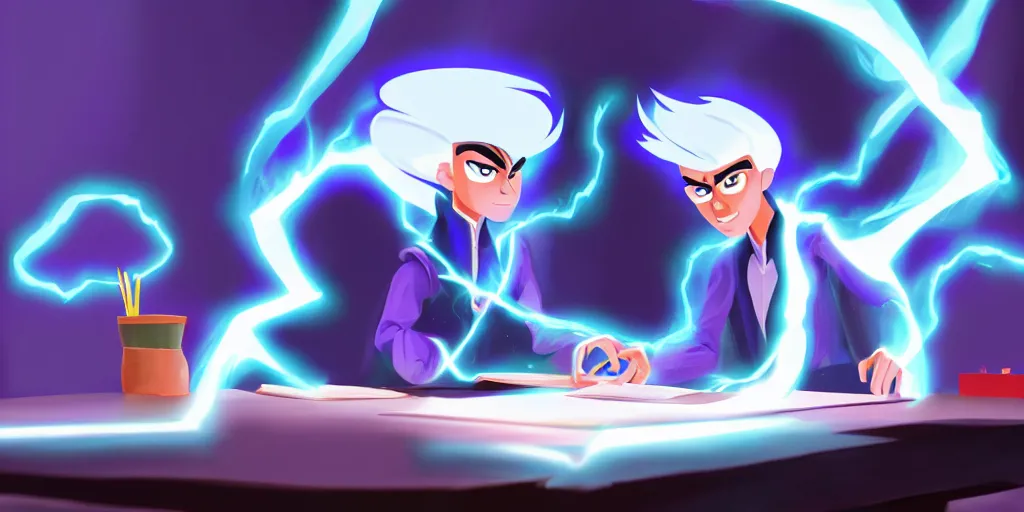 Image similar to a mage that has the face of danny phantom he is at his desk working on a new spell that is casting out flowing energy, colorful, flowing energy, light rays, consistent face, medium shot, waist up, pixar and disney animation, sharp, concept art, highly detailed, bloom, dramatic lighting, cinematic