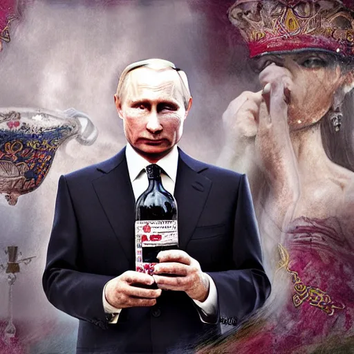 Image similar to vladimir putin wearing a dress and holding a bottle of arak, cinematic, beautiful digital painting, hyper detailed