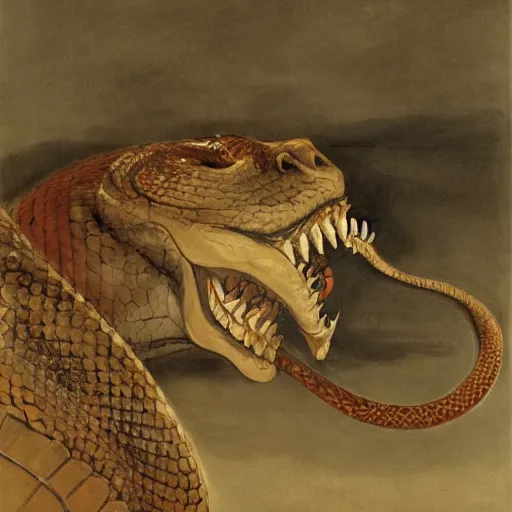 Image similar to coiled rattlesnake neck eyes fangs serpent serpent python wearing a lion lion costume neck tall long snake viper j.m.w. turner greg rutkowski giorgio de chirico william merritt chase ralph steadman arsen savadov dan witz uta natsume aquatint