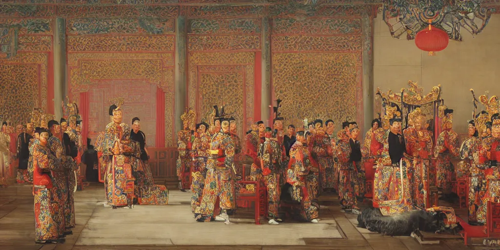 Image similar to Highly detailed and cinematic romantic period oil painting of Imperial Chinese palace guards bowing to the Chinese emperor who is sat upon a throne, strong atmosphere, oil painting masterpiece by Josep Tapiró Baró, symmetry, fractals