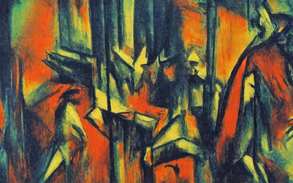 Image similar to movie still from a german expressionist film, award winning oil painting, iridescent color palette