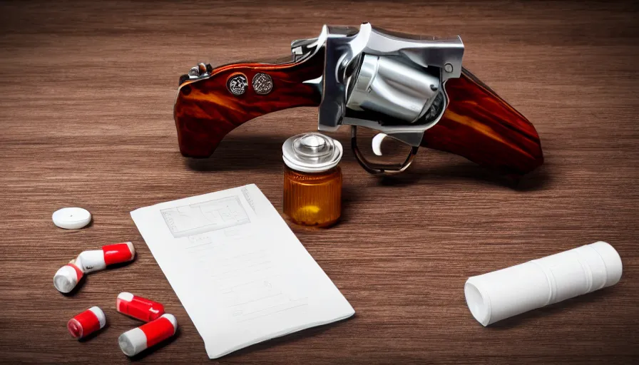 Prompt: hyper-realistic image of a revolver with a prescription medicine bottle as chamber cylinder beautiful color, high quality, high textured