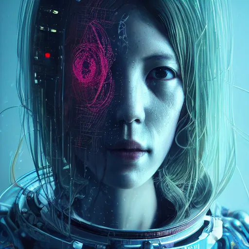 Image similar to hyperrealistic portrait of a woman monster astronaut, full body portrait, well lit, intricate abstract. cyberpunk, intricate artwork, by Tooth Wu, wlop, beeple. octane render,in the style of Jin Kagetsu, James Jean and wlop, highly detailed, sharp focus, intricate concept art, digital painting, ambient lighting, 4k, artstation