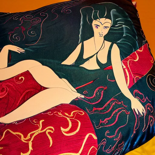 Prompt: a dragon posing seductively on an old lady's silk pillow at a late night dragon party