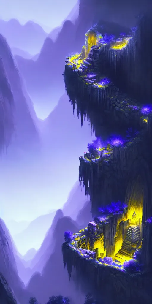 Image similar to Gorge in the mountain, white stone temple ruins, night dramatic lighting, blue, yellow and purple tones, wide camera angle, matte painting, trending on ArtStation, concept art, delightful surroundings, high detail, sharp contrast, picturesque