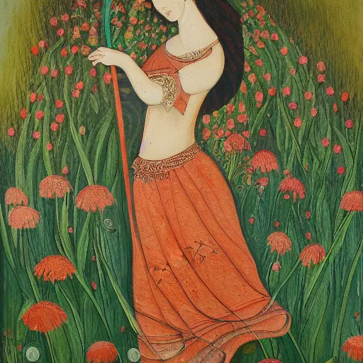 Image similar to detailed painting of a goddess walking through a medow, flowers bloom where she steps