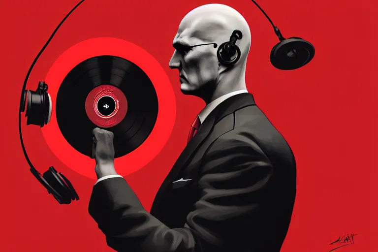 Image similar to a portrait of agent 4 7 from hitman wearing headphones and putting a vinyl record onto a turntable, dark background, red rim light, digital art, artstation, concept art by giger stalenhag