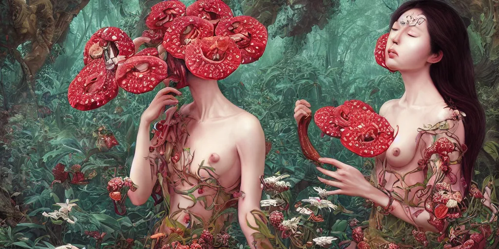 Image similar to breathtaking detailed concept art painting of the goddess of rafflesia arnoldii flowers, orthodox saint, with anxious, piercing eyes, ornate background, amalgamation of leaves and flowers, by Hsiao-Ron Cheng, James jean, Miho Hirano, Hayao Miyazaki, extremely moody lighting, 8K