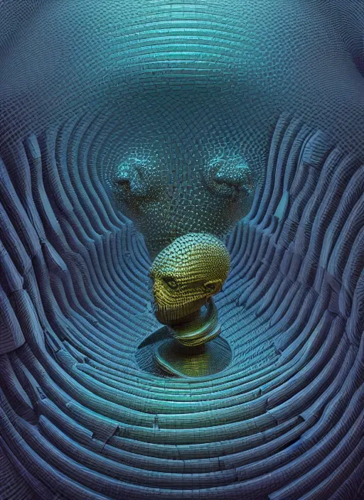 Image similar to a highly detailed landscape of recursive speakers forming a 3 d head. 🔊 head. amplitude and frequency wave visualisation. iridescent metamorphic synaesthesia. ornate, hyperrealistic, octane render, chiaroscuro, inspired by greg rutkowski, android jones, beeple, shaun tan, frostbite 3 rendered