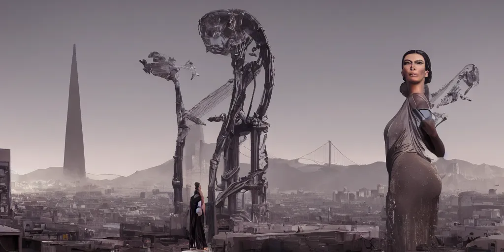 Image similar to cinematic view of kim kardashian statue in the middle of san francisco, dystopia, dead animals falling from the sky, by cedric peyravernay, by kilian eng, high detail, digital painting, industrial art style, death stranding art style, cinematic lighting, artstation, cgsociety, unreal engine 5 render, octane render, 3 5 mm film grain