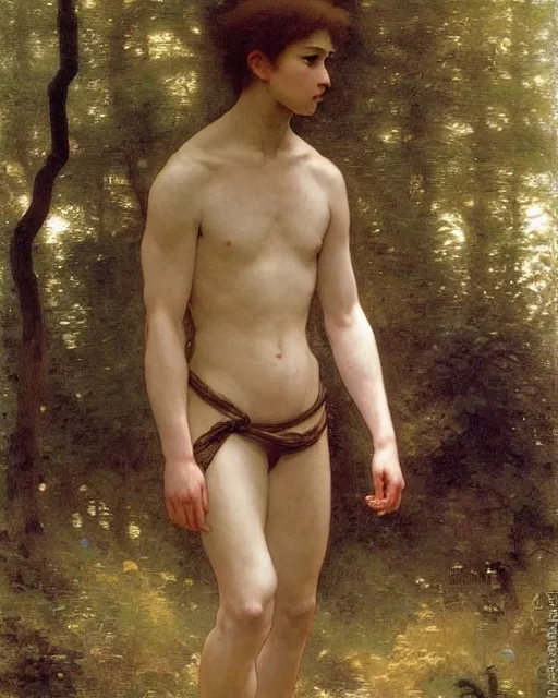 Image similar to a handsome anime man, he is walking in the forest, by Edgar Maxence and William-Adolphe Bouguereau