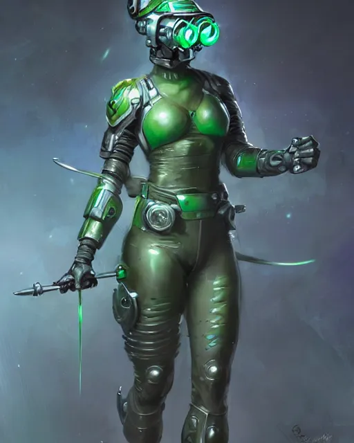 Prompt: concept art of a futuristic warrior, large tubes, green crystals in arms, futurstic sleek gas mask, full body | | epic - fine - fine details by stanley artgerm lau, wlop, rossdraws, and sakimichan, trending on artstation, brush strokes