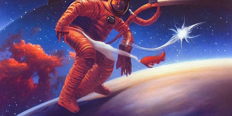 Prompt: an astronaut fights a space god, night scene, concept art by boris vallejo and michael whelan