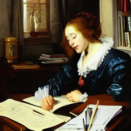 Prompt: a beautiful painting of the lofi girl studying at her desk by Antoon Van Dyck, trending on Artstation