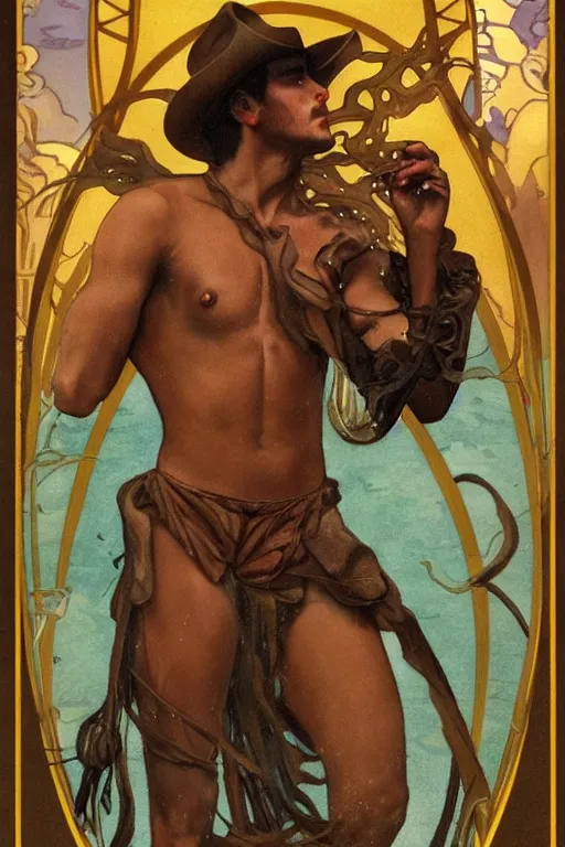 Prompt: a dramatic, epic, ethereal tarot painting of a handsome brown shirtless cowboy | background is a torrential flooding river | tarot!! card, art deco, art nouveau | by Mark Maggiori (and Alphonse Mucha) | trending on artstation
