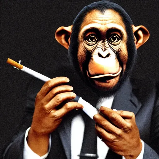 Image similar to a high detail photo of an antropomorphic chimp wearing a suit smoking a cigarrette, subject= chimp, subject detail: wearing a suit, subject action: smoking a cigarrette photorealism