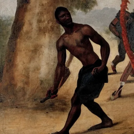 Prompt: painting of a black man whipping a white slave