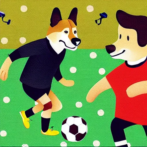 Image similar to illustration of french boy in paris playing football against a corgi, the corgi is wearing a polka dot scarf