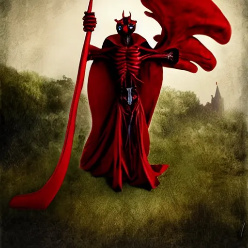 Prompt: by keith mallett, by aleksi briclot poloroid playful. a beautiful photograph of a horned, red - eyed, skeleton - like creature, with a long black cape, & a staff with a snake wrapped around it, standing in front of a castle atop a cliff.