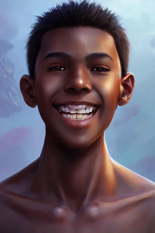 Image similar to young teenager boy with straight short brown hair, dark skin, big lips, smiling. highly detailed, d & d, fantasy, highly detailed, digital painting, trending on artstation, concept art, sharp focus, illustration, art by artgerm and greg rutkowski and fuji choko and viktoria gavrilenko and hoang lap