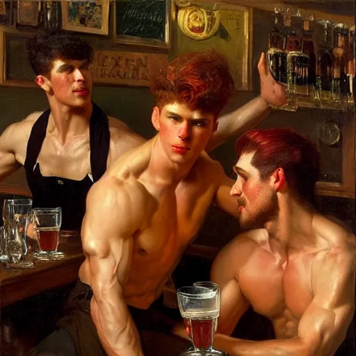 Image similar to attractive muscular male with red hair and muscular attractive male with black hair, drinking their hearts out, in a pub. very defined and highly detailed painting by j. c. leyendecker, gaston bussiere, craig mullins 8 k