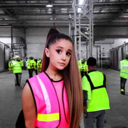 Image similar to photo, close up, ariana grande in a hi vis vest, in tyson slaughterhouse, android cameraphone, 2 6 mm,