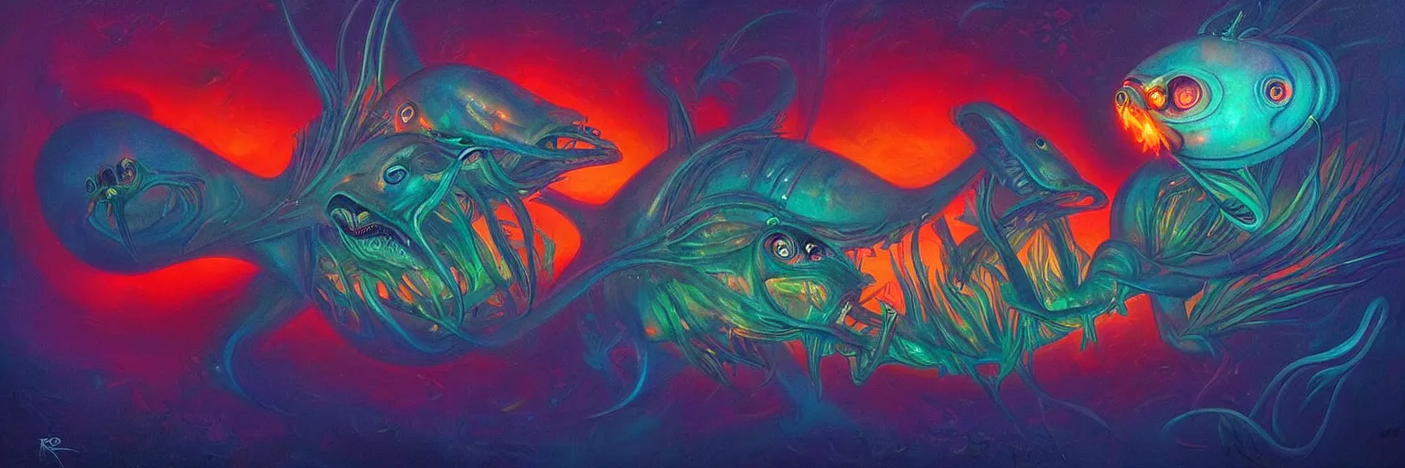 Image similar to strange alien fish creatures from the depths of the collective unconscious, dramatic lighting, surreal darkly colorful painting by ronny khalil