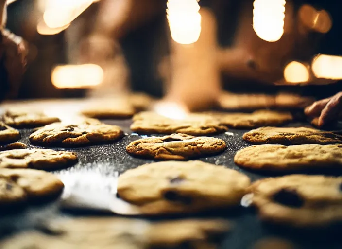 Image similar to a 3 5 mm photo from the back of a man making cookies, splash art, movie still, bokeh, canon 5 0 mm, cinematic lighting, dramatic, film, photography, golden hour, depth of field, award - winning, anamorphic lens flare, 8 k, hyper detailed, 3 5 mm film grain