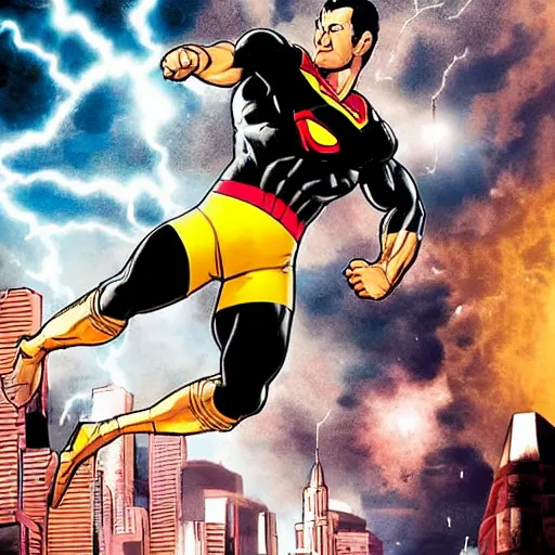 Prompt: black adam from dc comics dunking a basketball over superman on a city court at midnight. a major magical lightning storm in the sky.