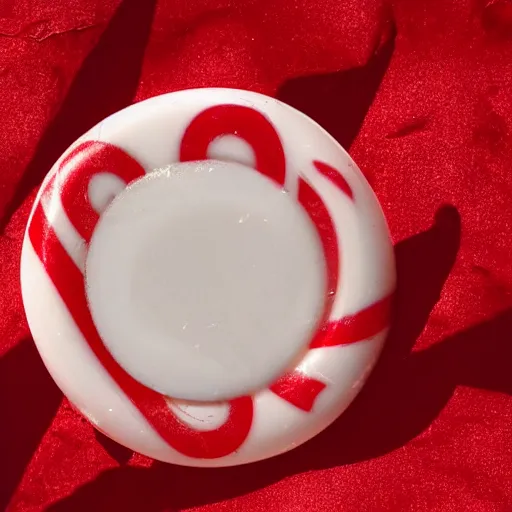 Prompt: 1960s photo of a round red and white peppermint candy held up to the sun