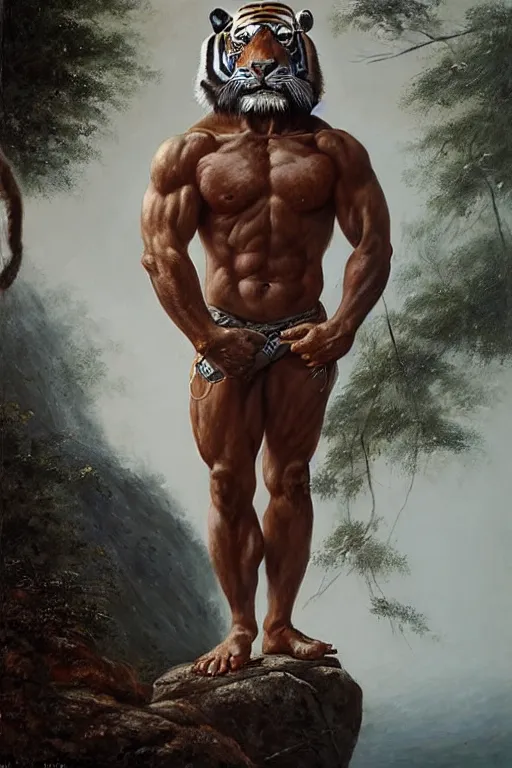 Image similar to a humanoid muscular man with a tiger mask stands on a rock by greg rutkowski, magic realism, hyper realistic, 2 0 0 mm lens