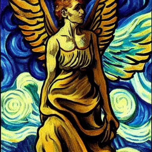 Prompt: realism!!!! tattoo!!!!! design sketch of a Magestic Angel, van gogh!! style, in the style of Da Ink