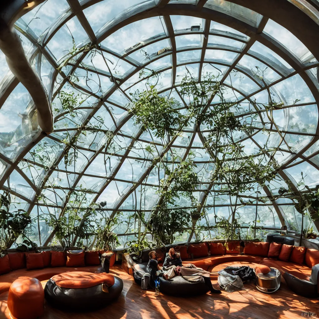 Image similar to inside luxurious earthship with futuristic sunken lounge and indoor garden with circular skylights, XF IQ4, 150MP, 50mm, F1.4, ISO 200, 1/160s, sunset