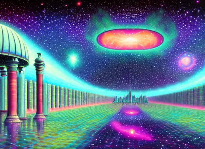 Image similar to light speed holodeck realm, astral spirit world city, galactic nebula, highly detailed surrealist art