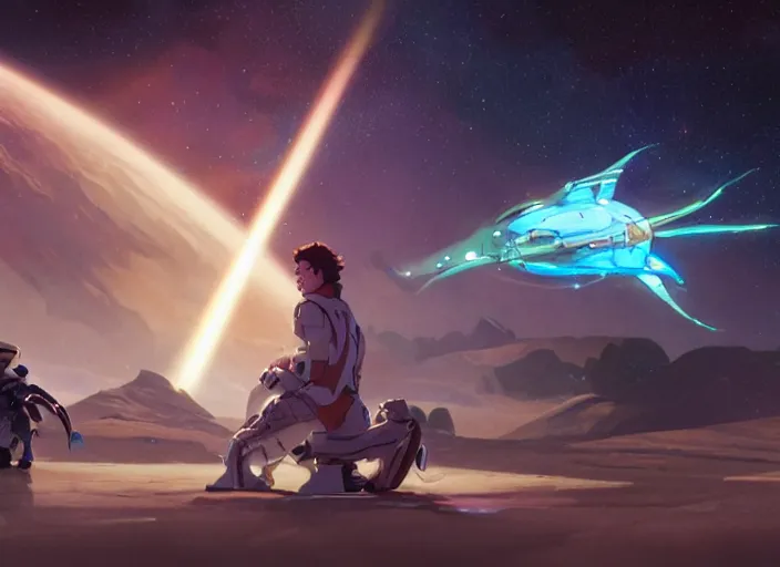 Image similar to a space handsome gay guy and his pet space cat staring role in a musical sci - fi space opera ghibli animated film, volumetric lighting, octane render by stanley artgerm lau, greg rutkowski, thomas kindkade, alphonse mucha, loish, norman rockwel,