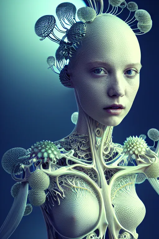 Image similar to complex intricate hyper detailed ultra sharp 3 d render of a beautiful porcelain biomechanical woman medium shot portrait, floodlight, large pore fractal fungi embroidered, cyberpunk art nouveau, haute couture alexander mcqueen leaves stems dahlia transparent fractal crystalline dandelion yellow pistil filigree roots, intricate details, octane render, volumetric cinematic lighting, 8 k,