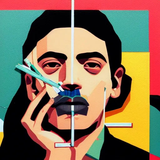 Image similar to Rene Levesque profile picture by Sachin Teng, asymmetrical, cigarette, Organic Painting , Matte Painting, geometric shapes, hard edges, graffiti, street art:2, by Sachin Teng:4