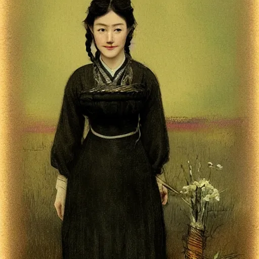 Prompt: a (sadly) (((smiling)))) black haired, young hungarian servantmaid from the 19th century who looks very similar to ((Lee Young Ae)) with a two french braids, detailed, soft focus, candle light, pastel, character concept art by Csók István, John Everett Millais, Itō Jakuchu, Henry Meynell Rheam, Munkácsy, Csók István, and da Vinci