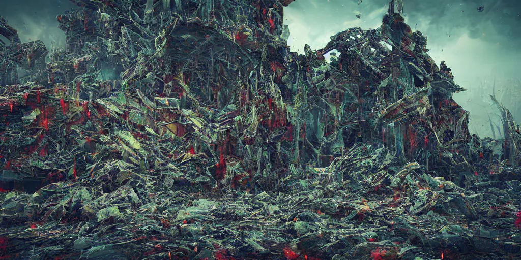 Image similar to ruination, outright devastation, landscape, intricate complexity, horror, rainbow drip paint, psychedelic glitch art, trending on art station, photoreal, 8k, octane render