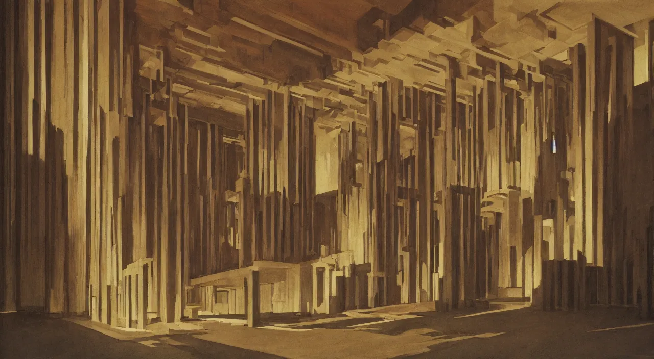 Prompt: chiaroscuro gouache by james gurney. building designed by frank lloyd wright. dune palace. composed by directory kurosawa ( 1 9 6 2 )