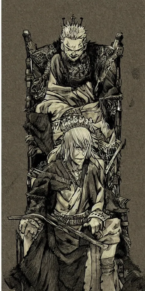 Image similar to a king on a throne drawn by Makoto Yukimura in the style of Vinland saga anime