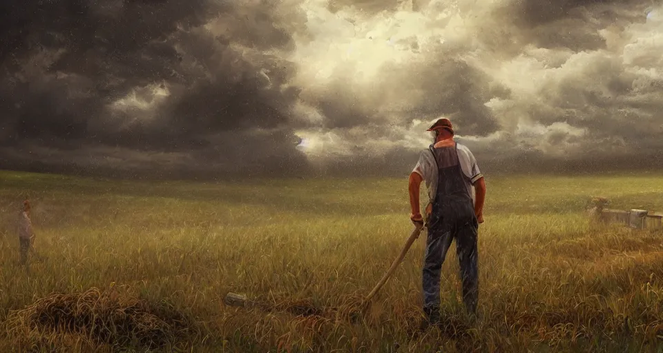 Image similar to man working in a farm, storm, high quality high detail painting, hd, artstation,