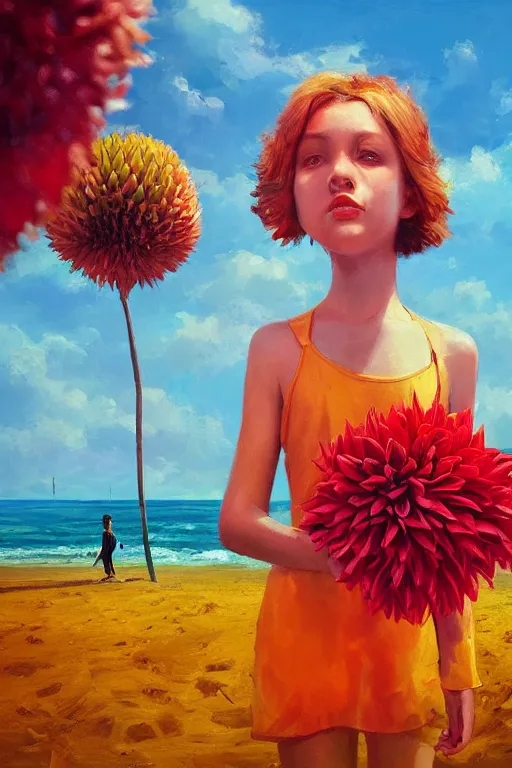 Image similar to closeup girl with huge dahlia flower head, on beach, surreal photography, blue sky, sunrise, dramatic light, impressionist painting, digital painting, artstation, simon stalenhag