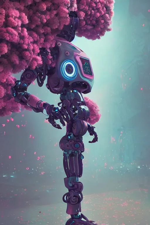 Prompt: a digital painting of a robot with flowers, cyberpunk art by Mike Winkelmann, cgsociety, panfuturism, made of flowers, dystopian art, vaporwave